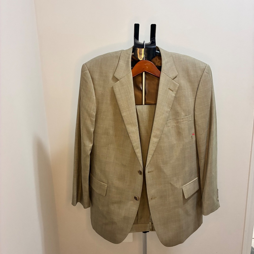 Jos. A. Bank Mens Tan Glen Plaid Wool Cashmere 2 Piece Suit R46 Business Formal